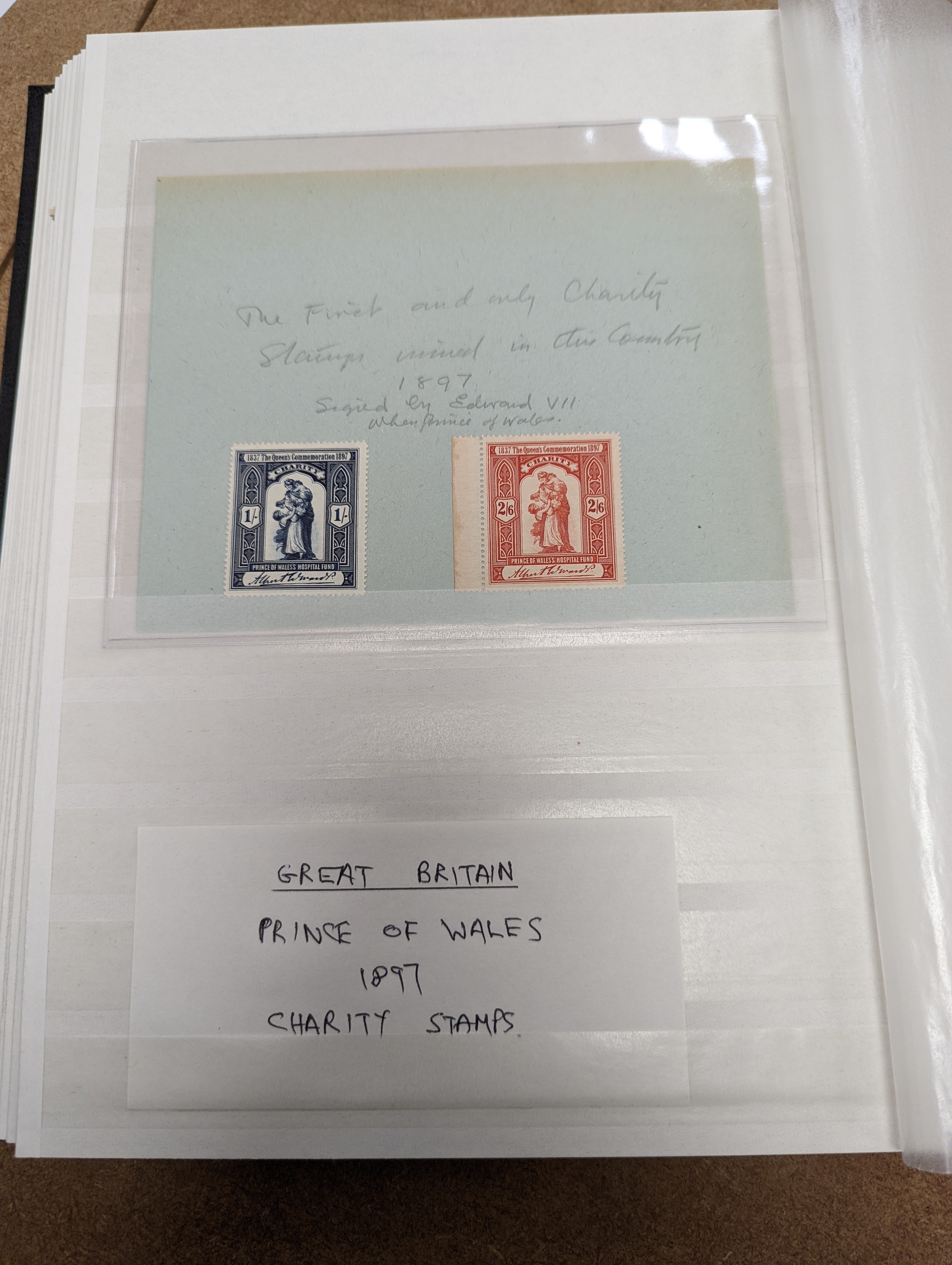 Great Britain stamps in stock book with 1840 1d black and 1841 2d blue unused. 1841 1d red brown mint block of 8, 1864-79 1d red plates in mint blocks including plate 79 block of 48, plate 170 block of 6 with marginal in
